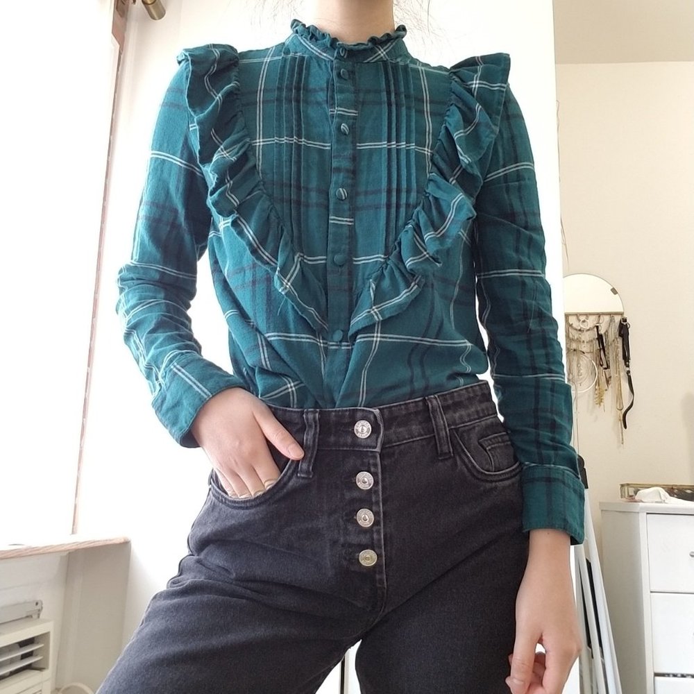 Topshop green plaid western ruffle shirt